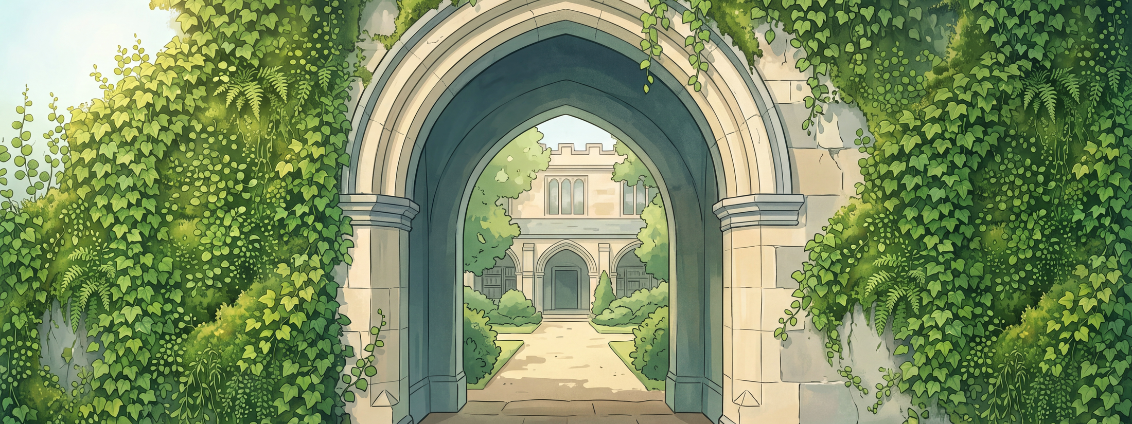 A sunlit collegiate stone arch and path framed by natural ivy